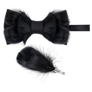 Men’s Handmade Solid Black Feather Pre-Tied Bow tie and Matching Lapel Black